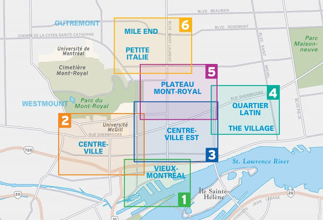 Mapa de regiões em Montreal