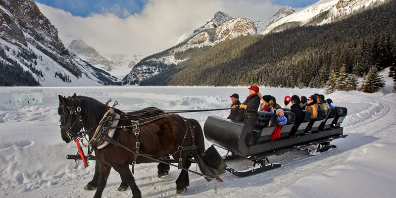 Cenário do passeio romântico de trenó em Banff