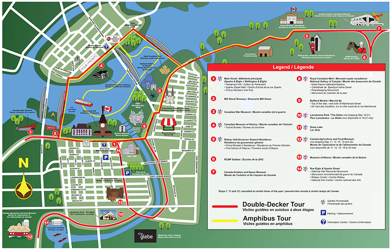 Mapa do ônibus turístico em Ottawa