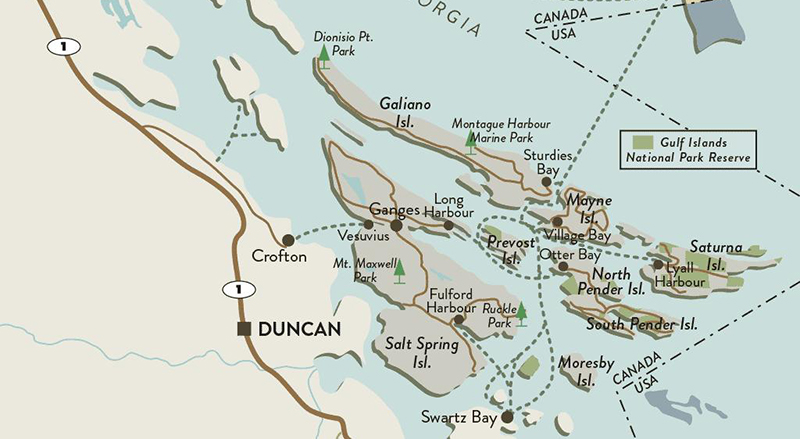 Mapa das Ilhas do Golfo em Vancouver